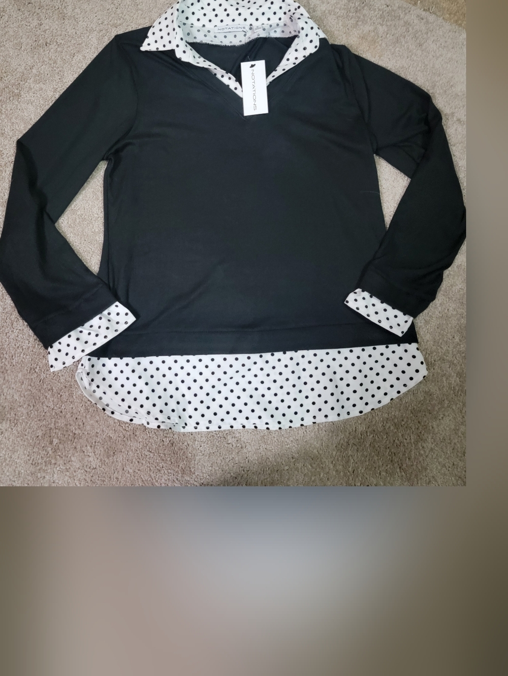 Black Layered-Look Polka Dot Shirt - Women Top Notations Sz Med New W Tag